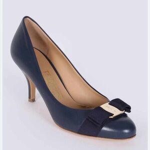 Salvatore Ferragamo Navy Blue Heels with Branded Bow Accent
